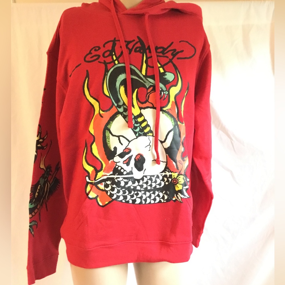 Ed Hardy Red Sweatshirt Hoodie Bold Graphic Design NWT